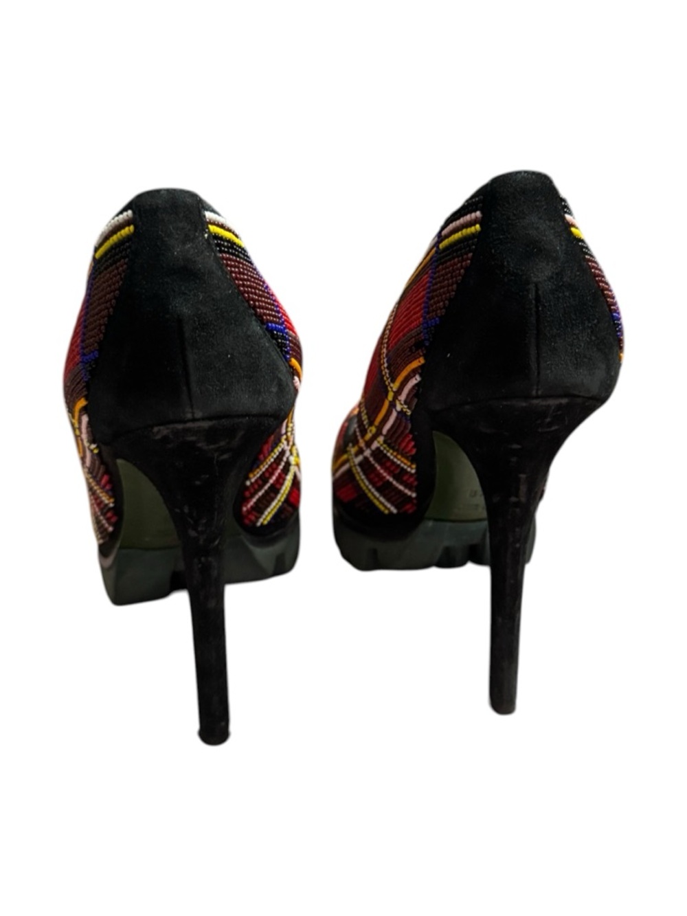 DONALD J PLINER RED BEADED TARTAN ROYAL SKULL CREST PUMPS SZ 8.5 RARE - Picture 7 of 9
